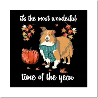 Sheltie Dog Autumn Fall Most Wonderful Time Maple Gift Posters and Art